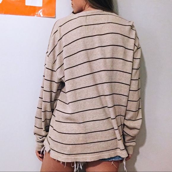 ❌❌SOLD STRIPED TAN BEACHY HENLEY LONG SLEEVE - Picture 4 of 8